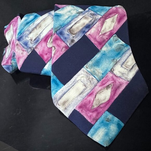 Louis Feraud Pink Turquoise Silk Tie  Painting Watercolor Modern Art Blue - Picture 1 of 8